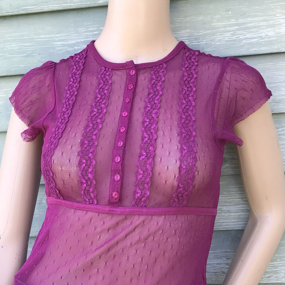 Vintage Y2K Sheer Mesh Lace Long Top S Button Up  Coquette Pink Milkmaid Express